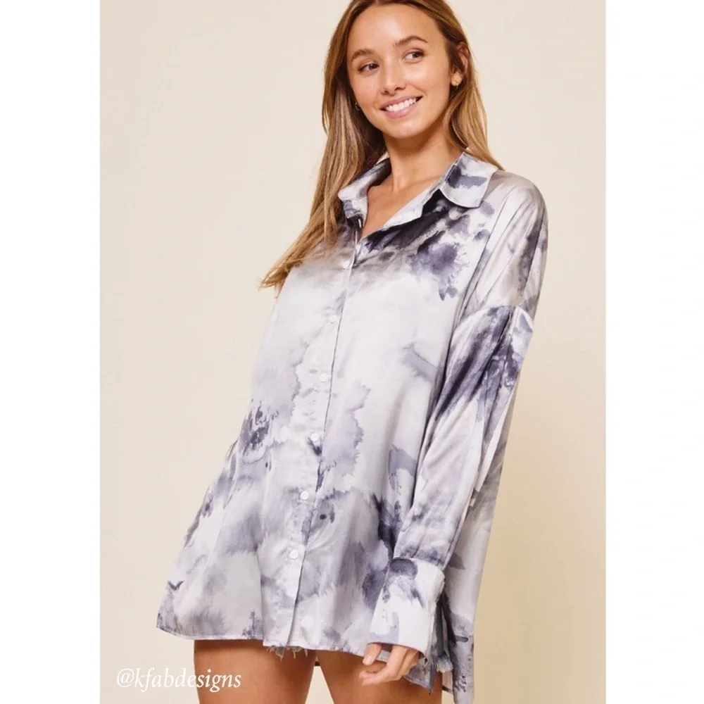 NEW! 2 Pieces! Silky Tie Dye Print Boyfriend Shirt w/Matching Crop Top! - Picture 4 of 10